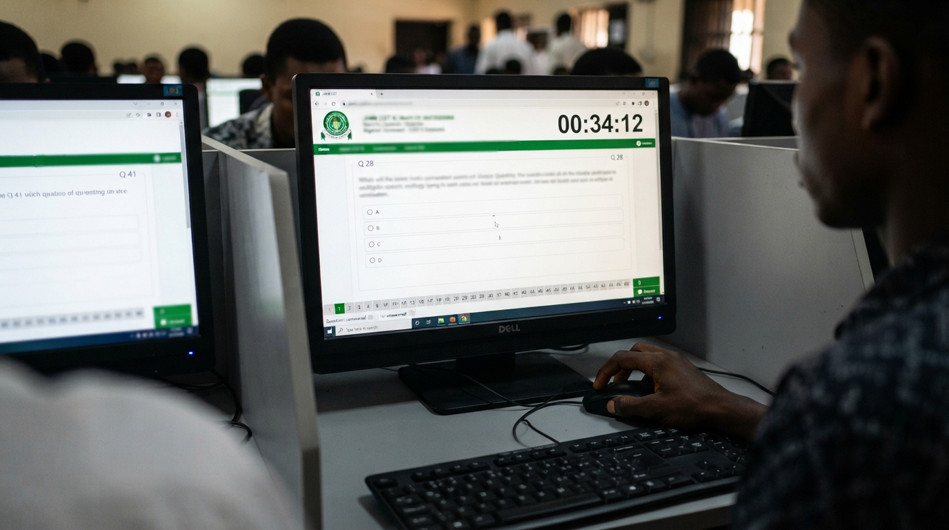 JAMB CBT screen with countdown timer and student hand on mouse